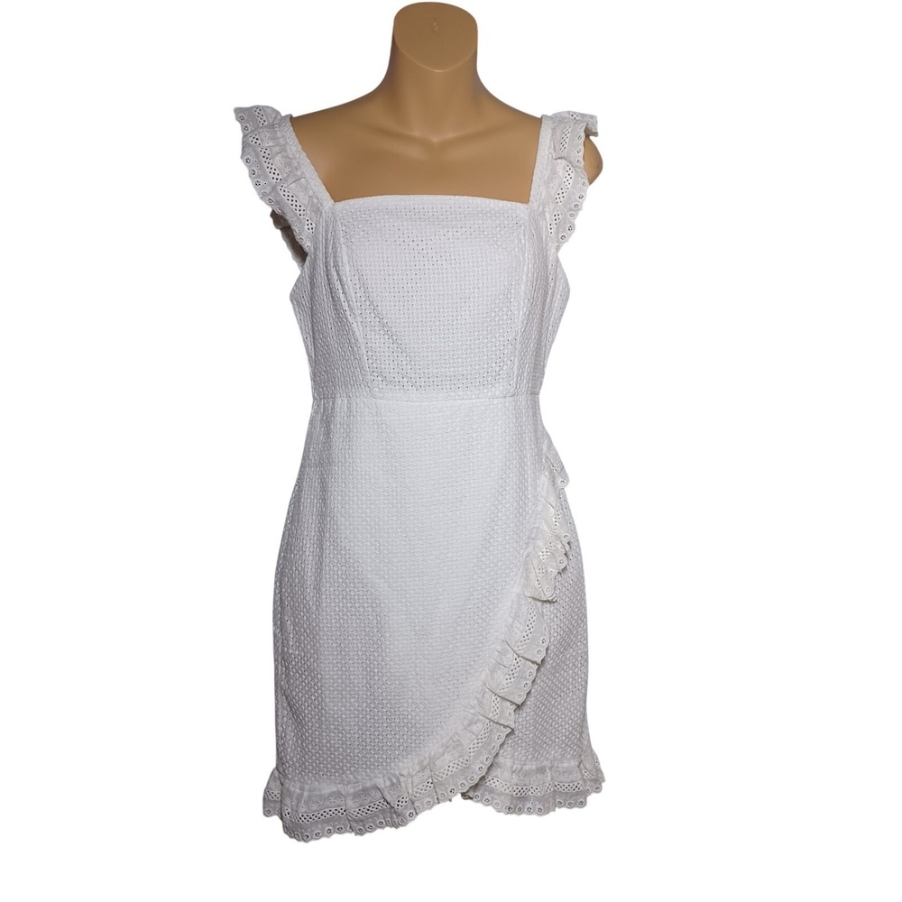 English Factory White Eyelet Ruffle Mini Milkmaid Y2K Dress Wrap Square Neck XS